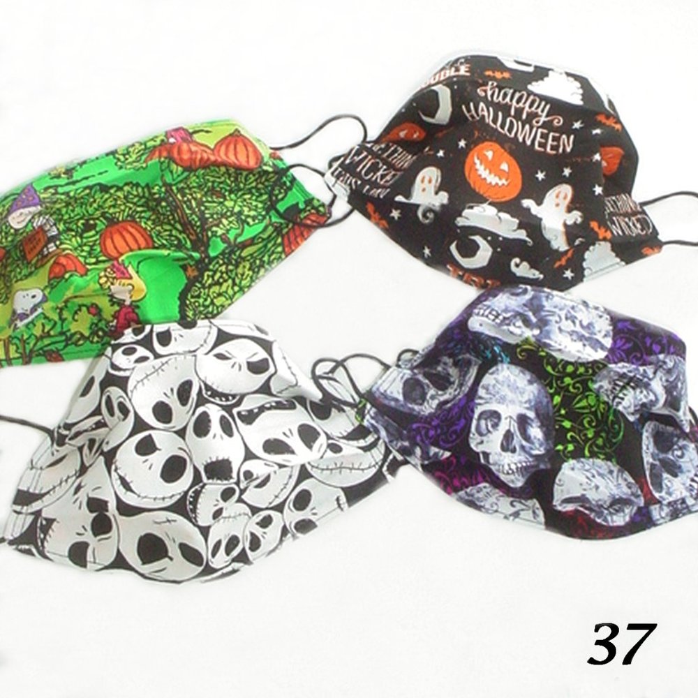 4 HALLOWEEN THEME FACE MASKS PUMPKIN SKULLS GHOSTS HANDMADE 2 LAYERS 100% COTTON